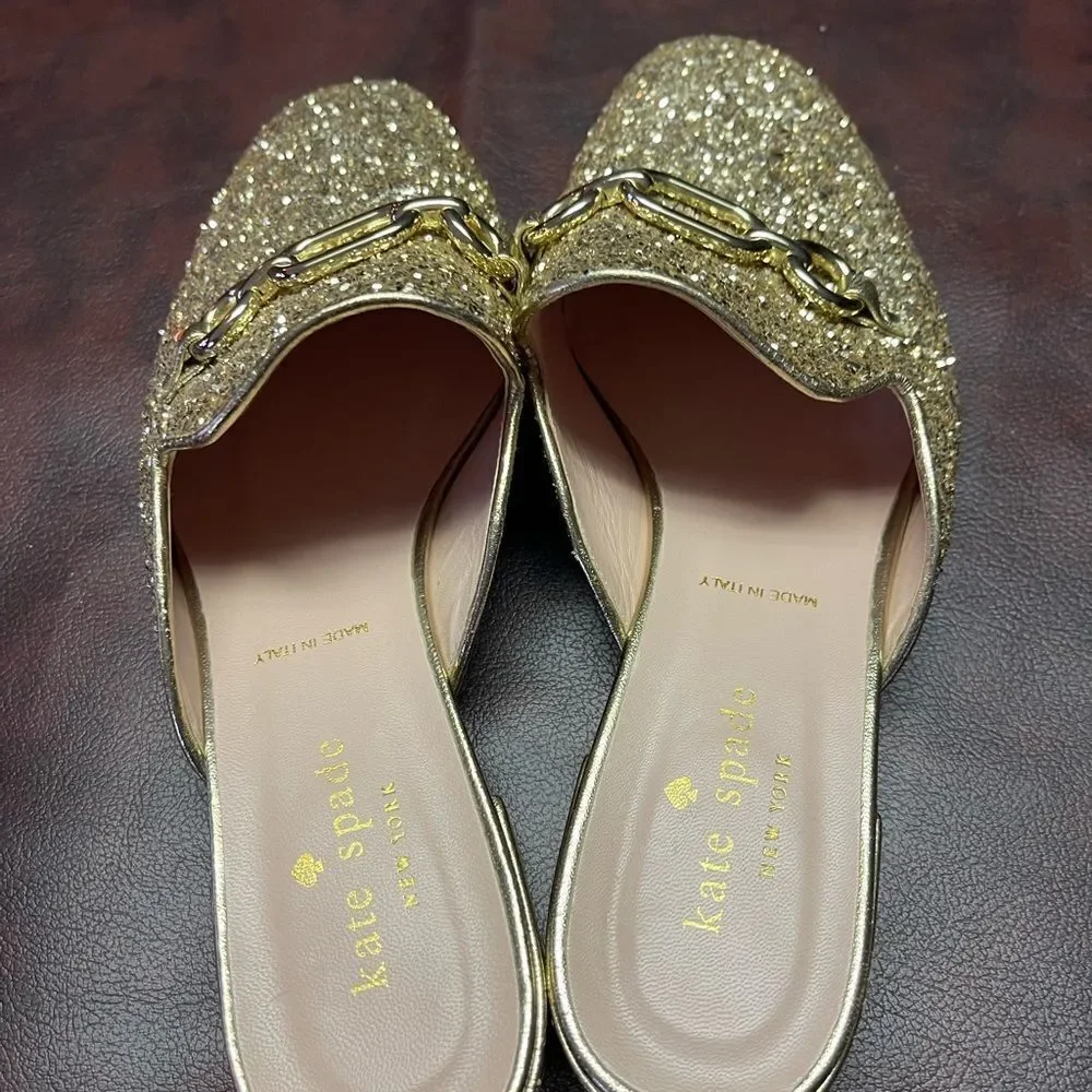 Kate Spade‎ gold glitter Glendi mules, size 6